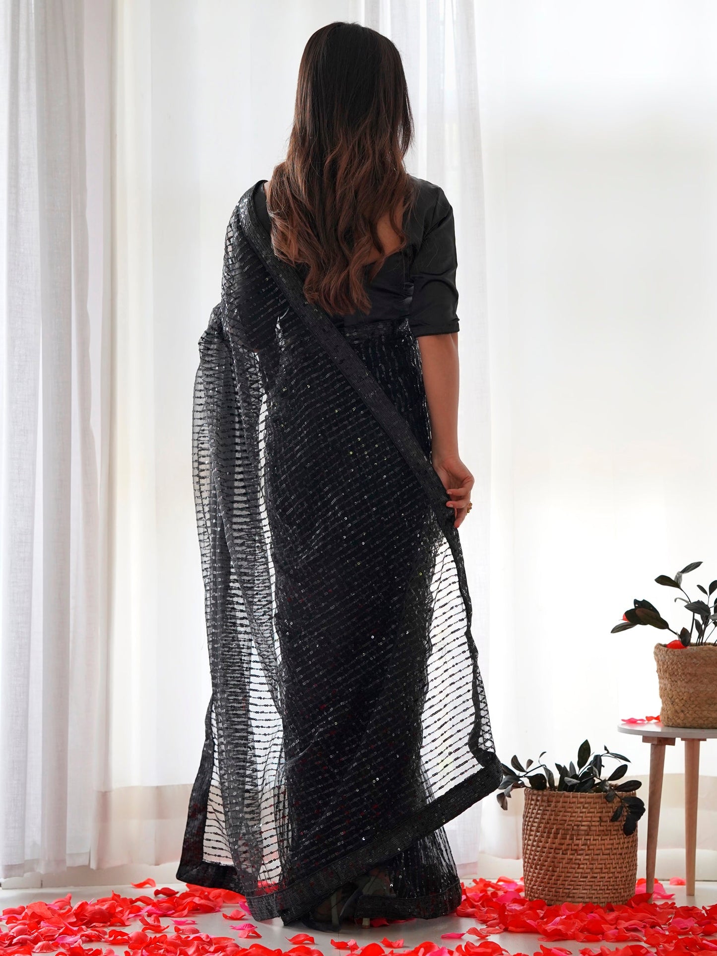 Women's Net Black Embellished Designer Saree With Blouse Piece