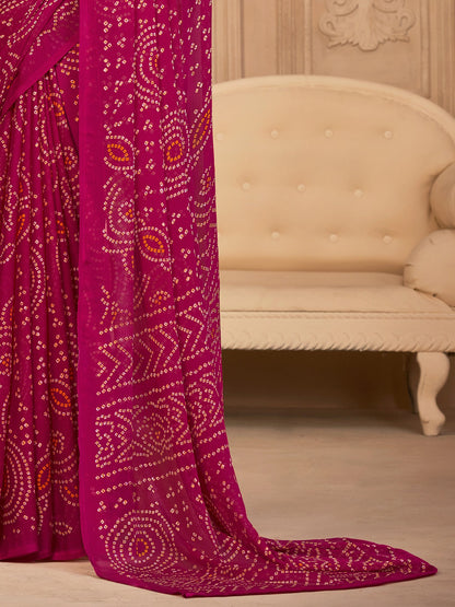 Women's Chiffon Pink Printed Designer Saree With Blouse Piece