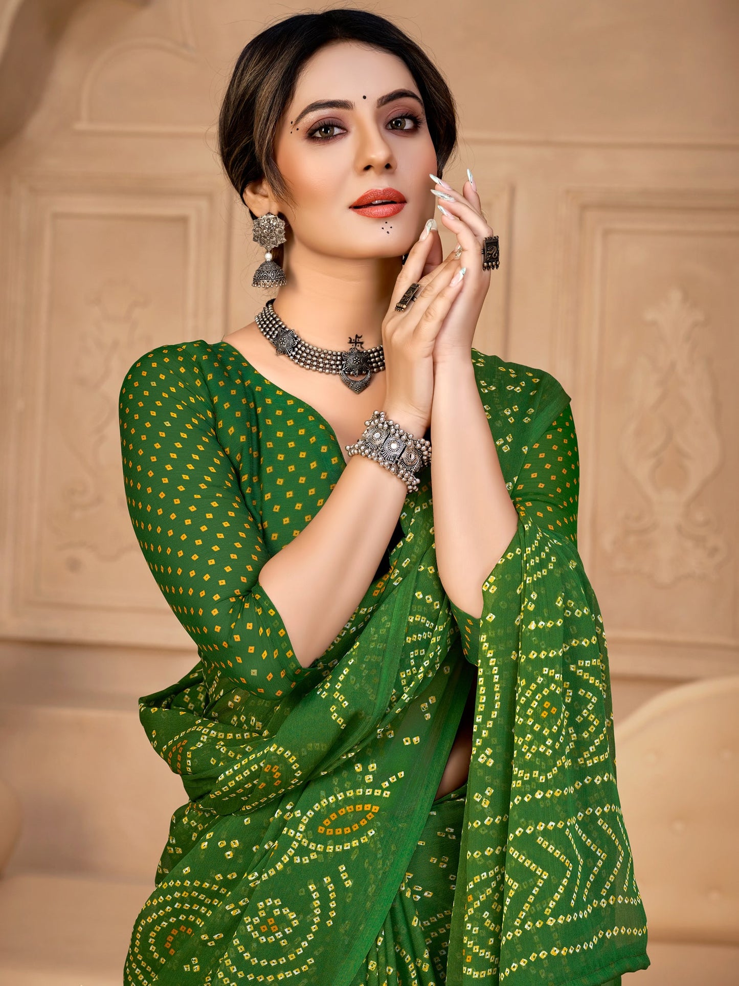 Women's Chiffon Green Printed Designer Saree With Blouse Piece