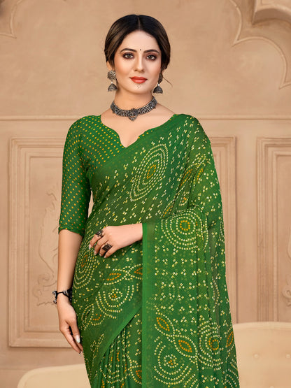 Women's Chiffon Green Printed Designer Saree With Blouse Piece