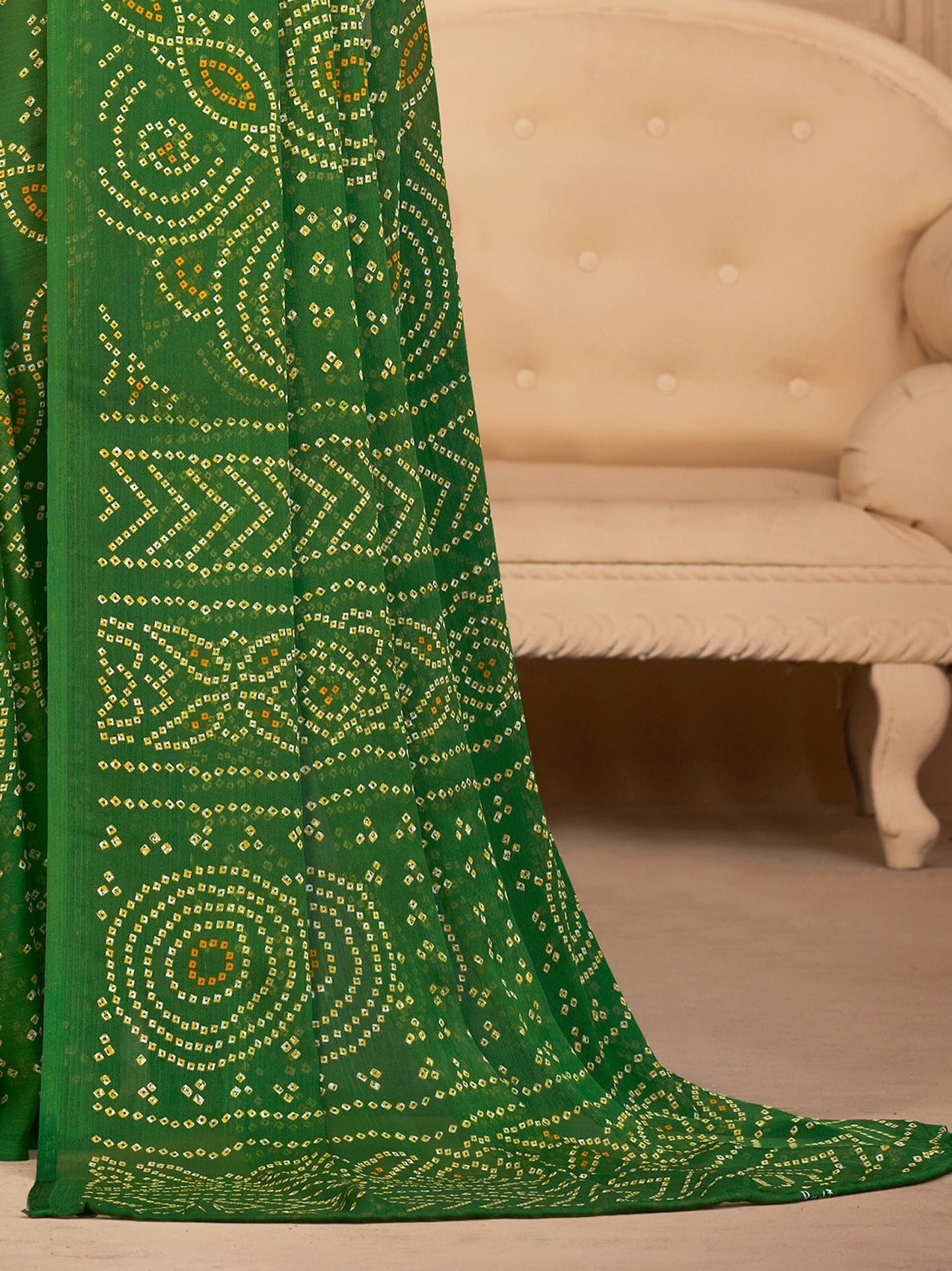 Women's Chiffon Green Printed Designer Saree With Blouse Piece