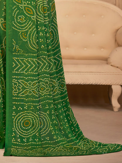 Women's Chiffon Green Printed Designer Saree With Blouse Piece
