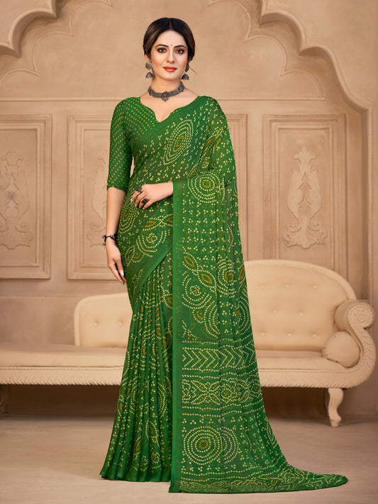 Women's Chiffon Green Printed Designer Saree With Blouse Piece