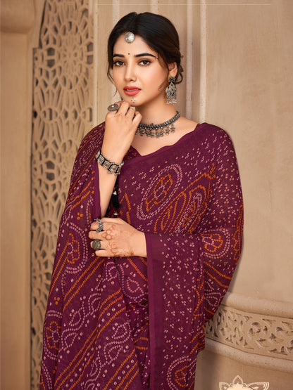 Women's Chiffon Purple Printed Designer Saree With Blouse Piece