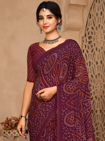 Women's Chiffon Purple Printed Designer Saree With Blouse Piece