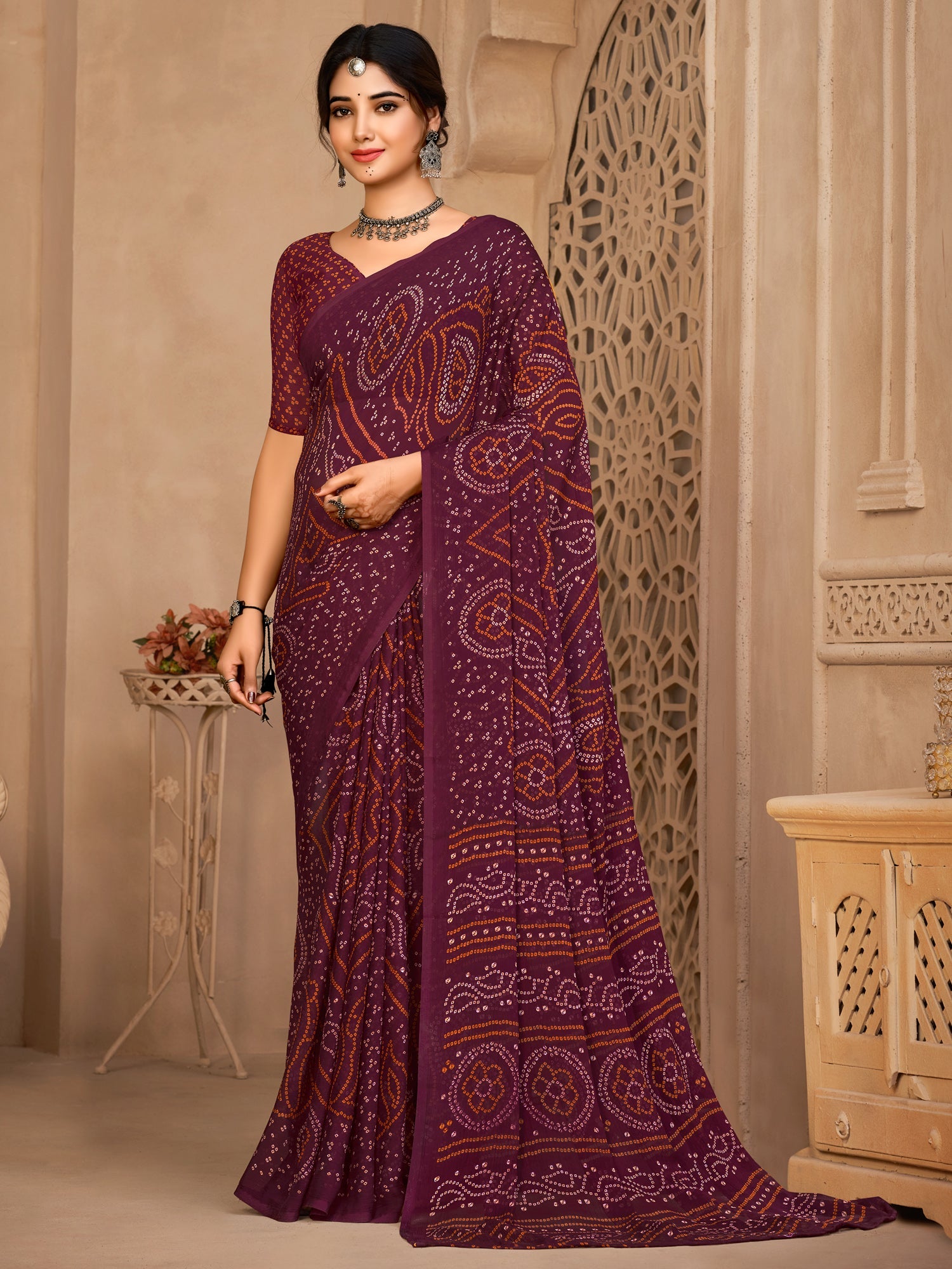 Women's Chiffon Purple Printed Designer Saree With Blouse Piece