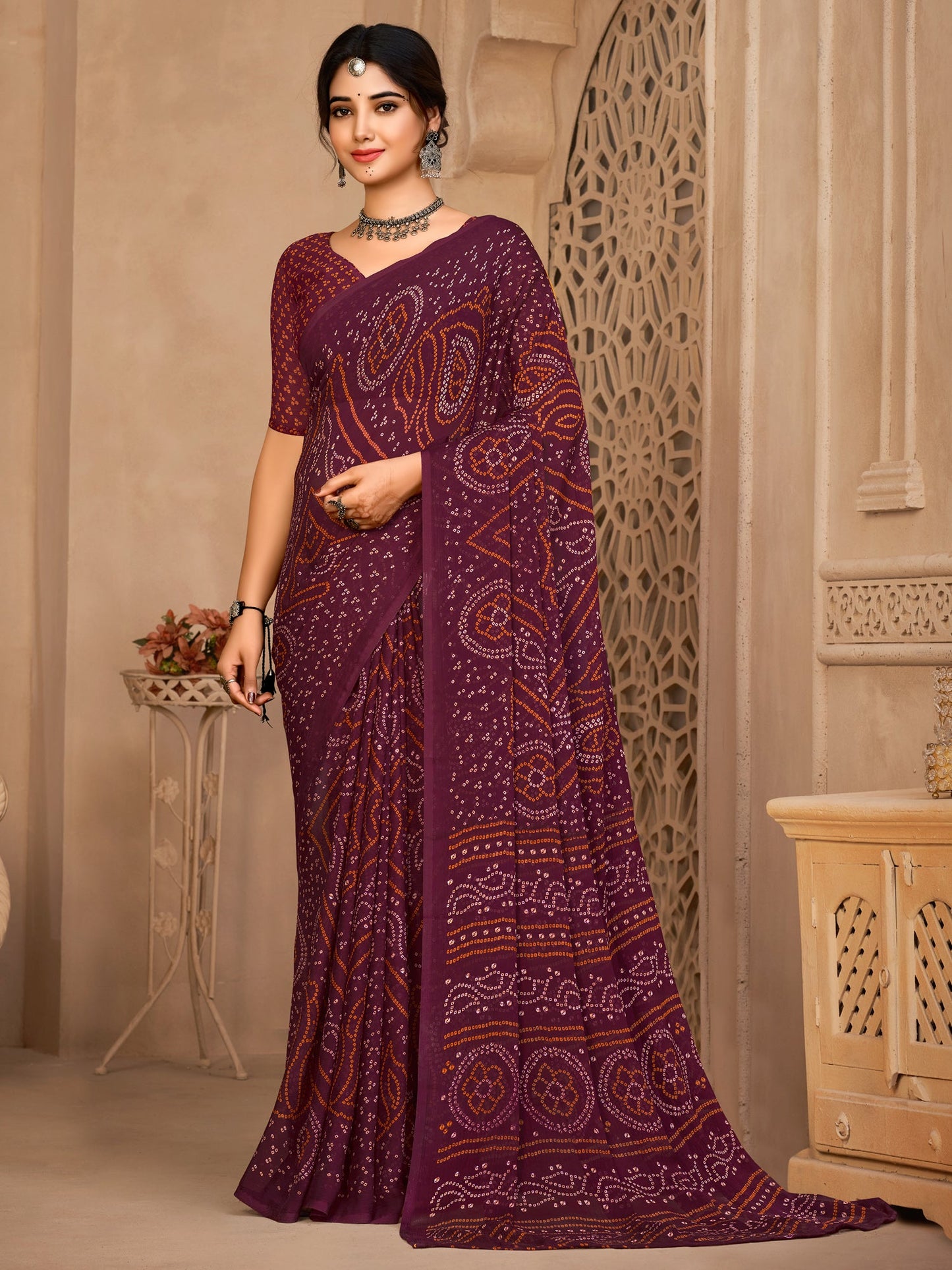 Women's Chiffon Purple Printed Designer Saree With Blouse Piece