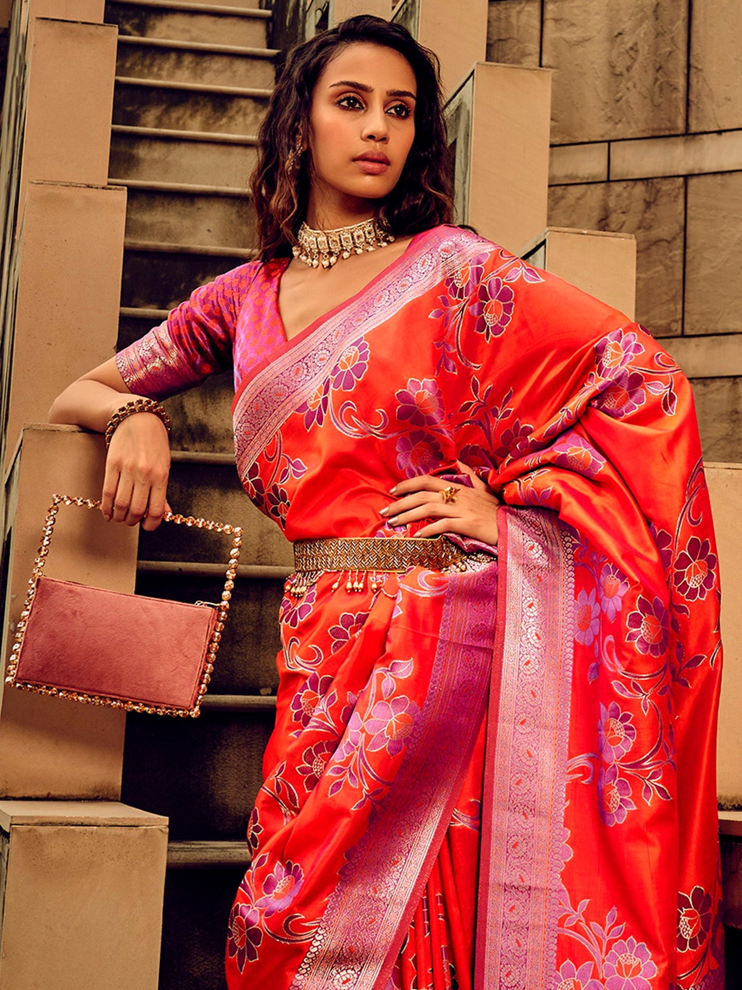 Women's Satin Silk Red Woven Design Designer Saree With Blouse Piece