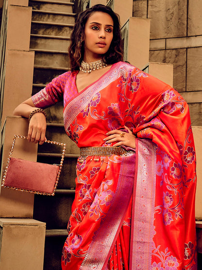 Women's Satin Silk Red Woven Design Designer Saree With Blouse Piece