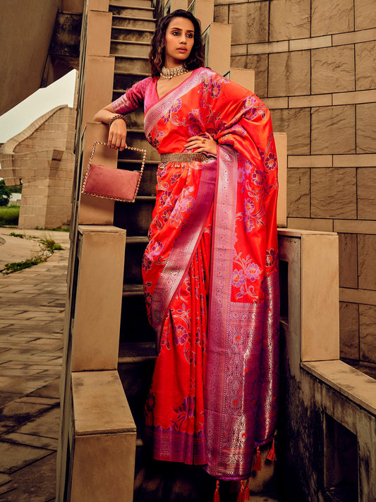 Women's Satin Silk Red Woven Design Designer Saree With Blouse Piece