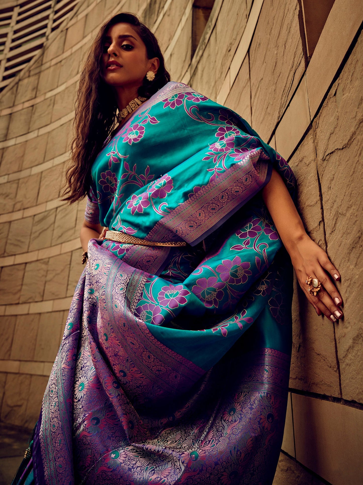 Women's Satin Silk Teal blue Woven Design Designer Saree With Blouse Piece