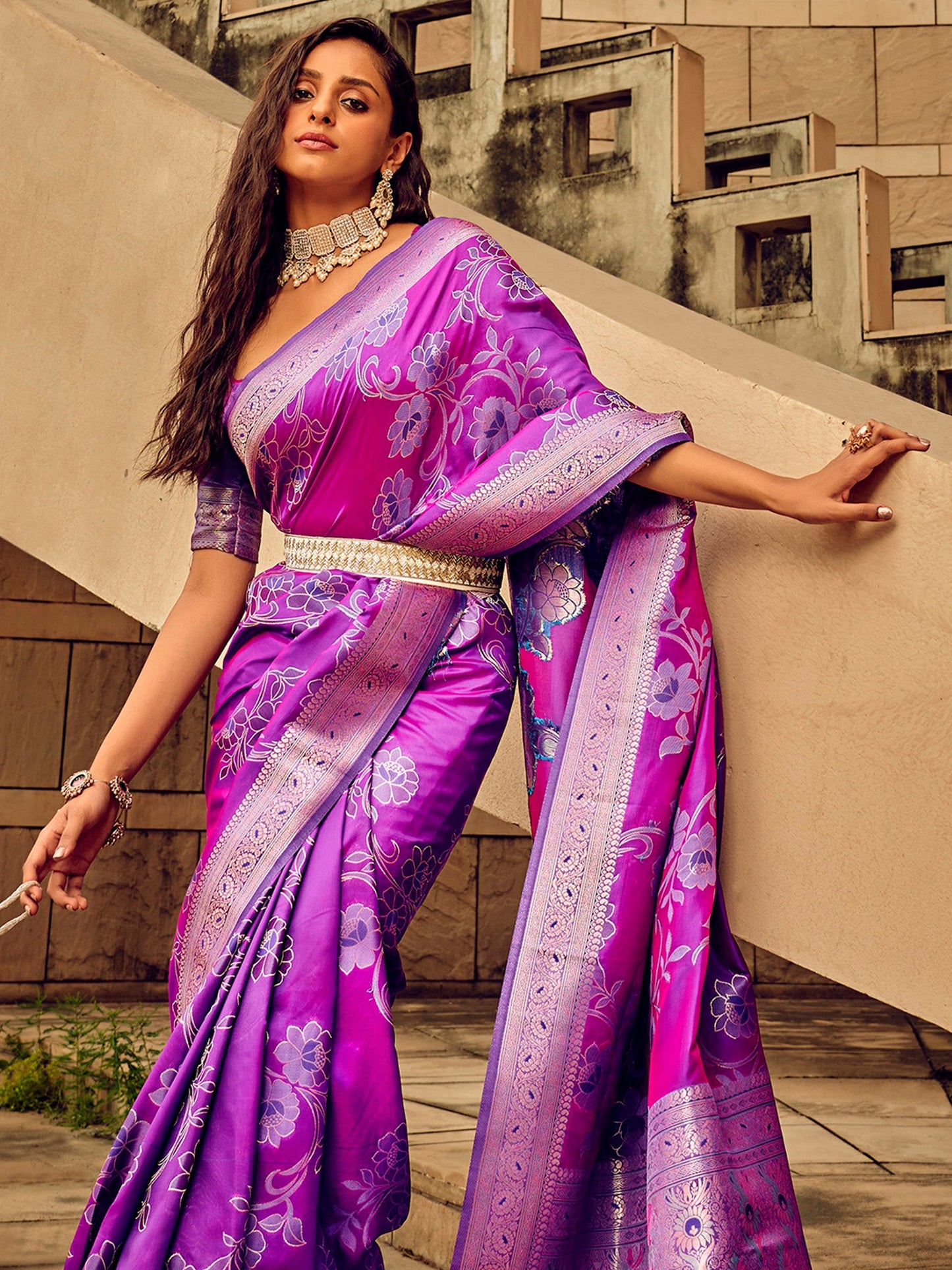 Women's Satin Silk Magenta Woven Design Designer Saree With Blouse Piece