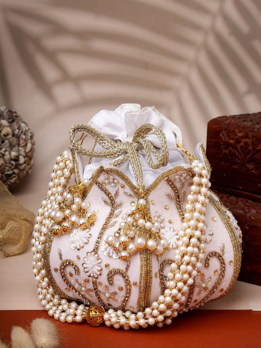 Dhiyona NR Lotus White & Gold Floral Embellished Velvet Potli