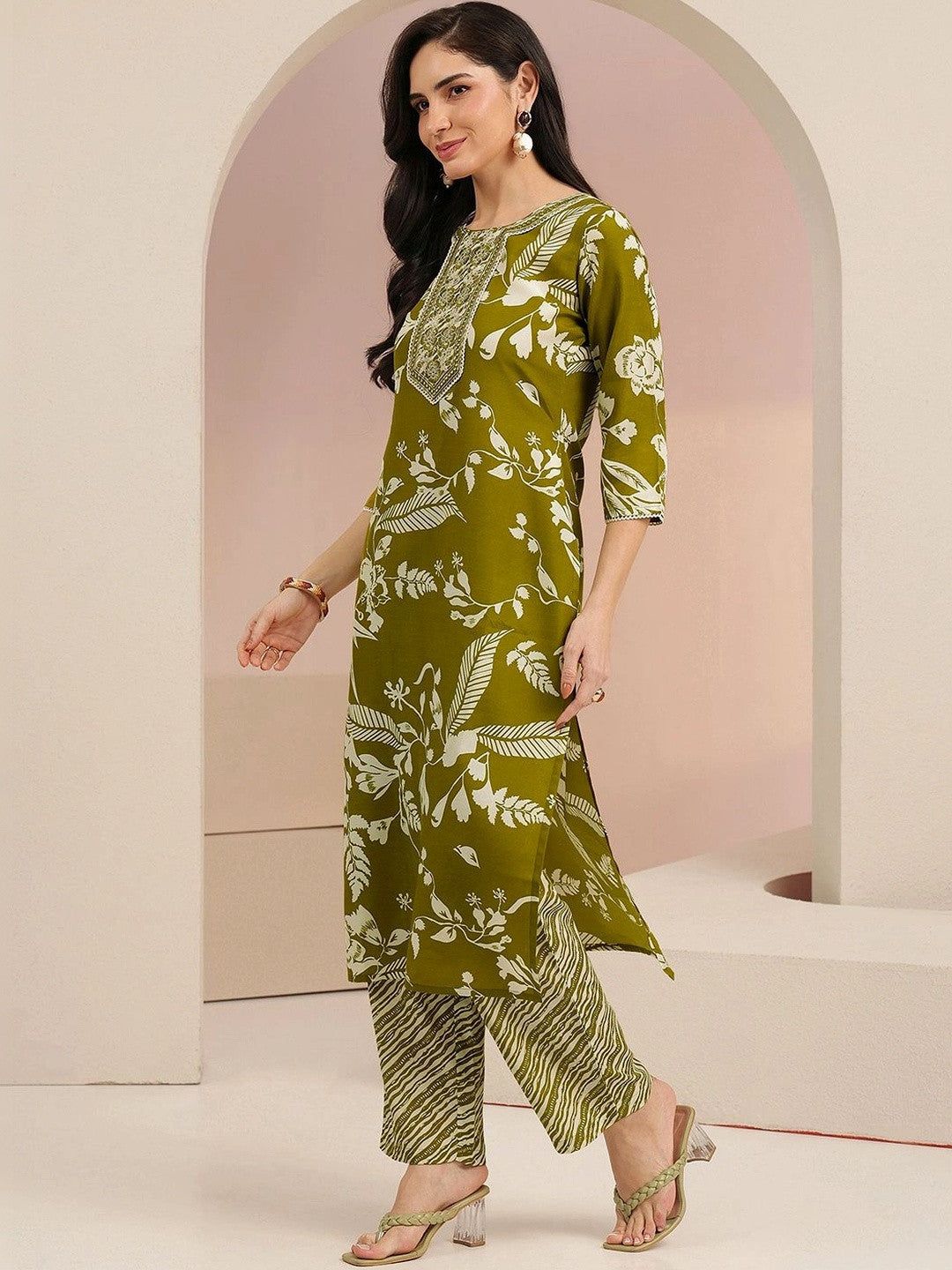 Olive Green Floral Printed Cotton Blend Straight Suit Set