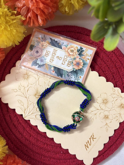 Dhiyona Magnetic Opening Blue Meenakari Work Thread Rakhi With Roli Chawal Chandan Mishri