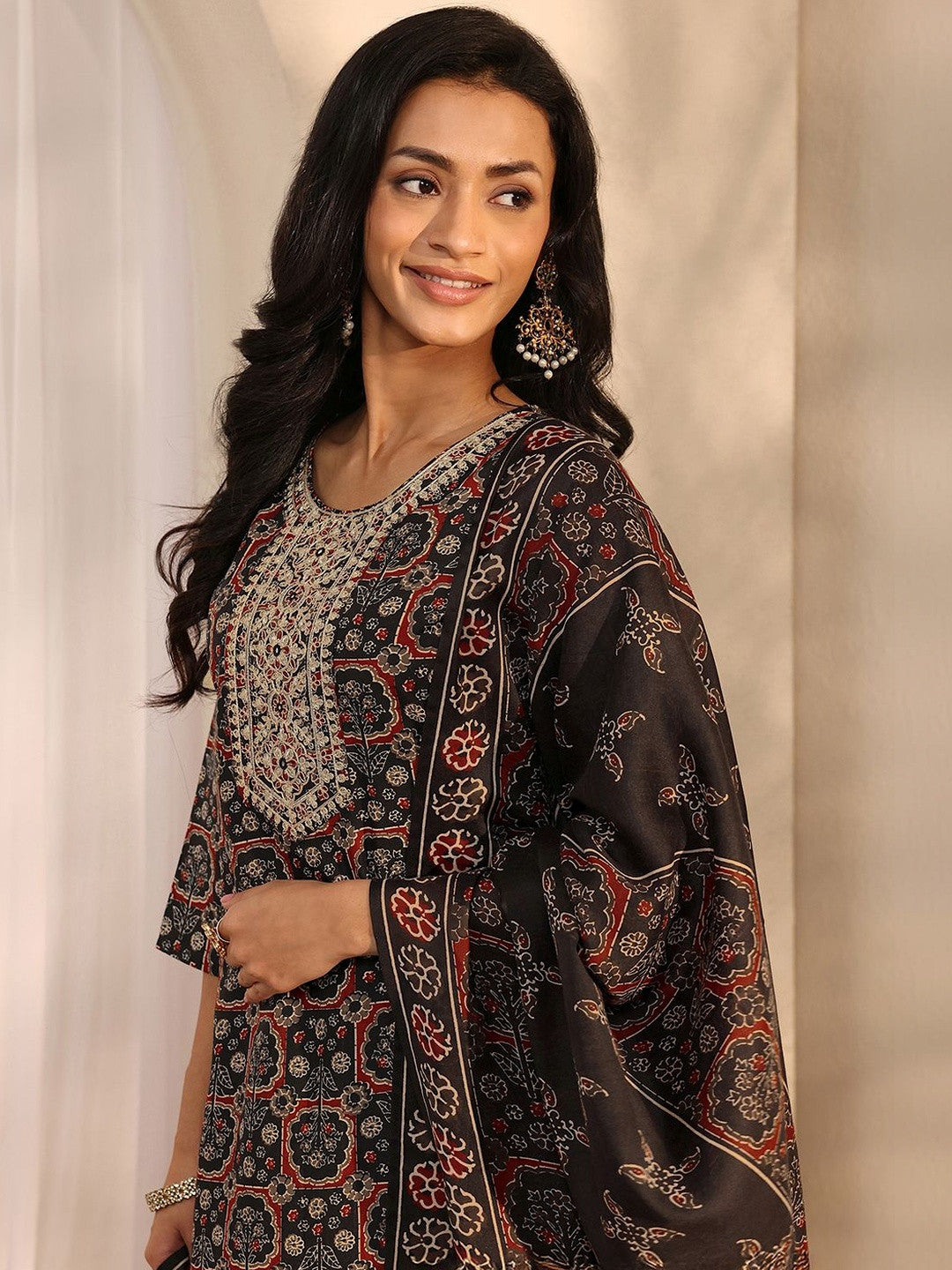 Libas Black Ajrak Printed Straight Suit Set with Dupatta