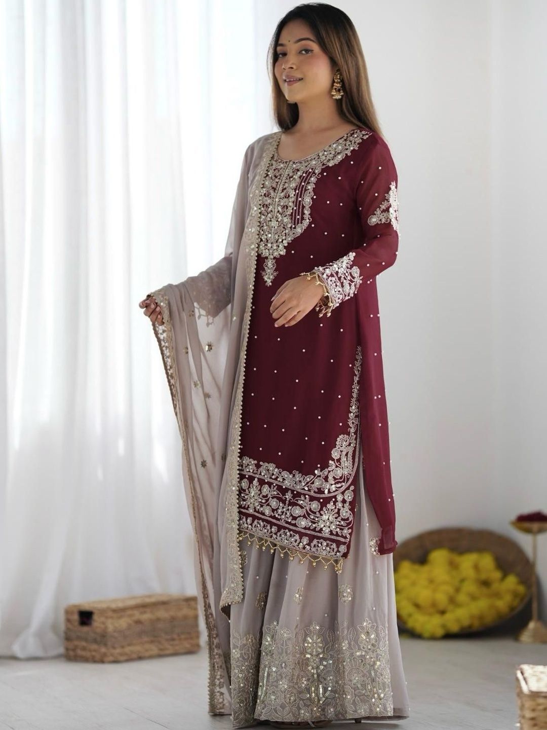 Dhiyona KL Women Ethnic Motifs Embroidered Regular Kurta with Sharara & With Dupatta