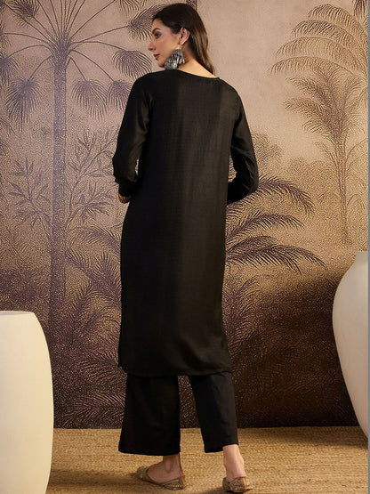 Pashmina Qazmi Winter Black Kashmiri Aari Embroidery work Kurta set