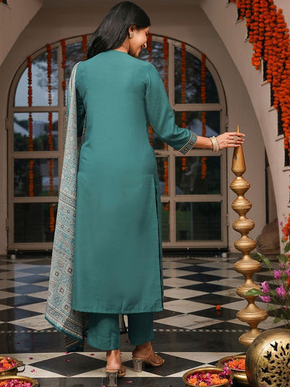 Dhiyona KL Ethnic Motifs Printed Notch Neck Straight Kurta With Trousers & Dupatta