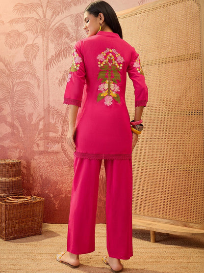 Women Floral Embroidered Regular Thread Work Pure Cotton Kurta with Trousers