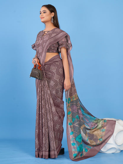 Women's Linen Blend Brown Printed Designer Saree With Blouse Piece