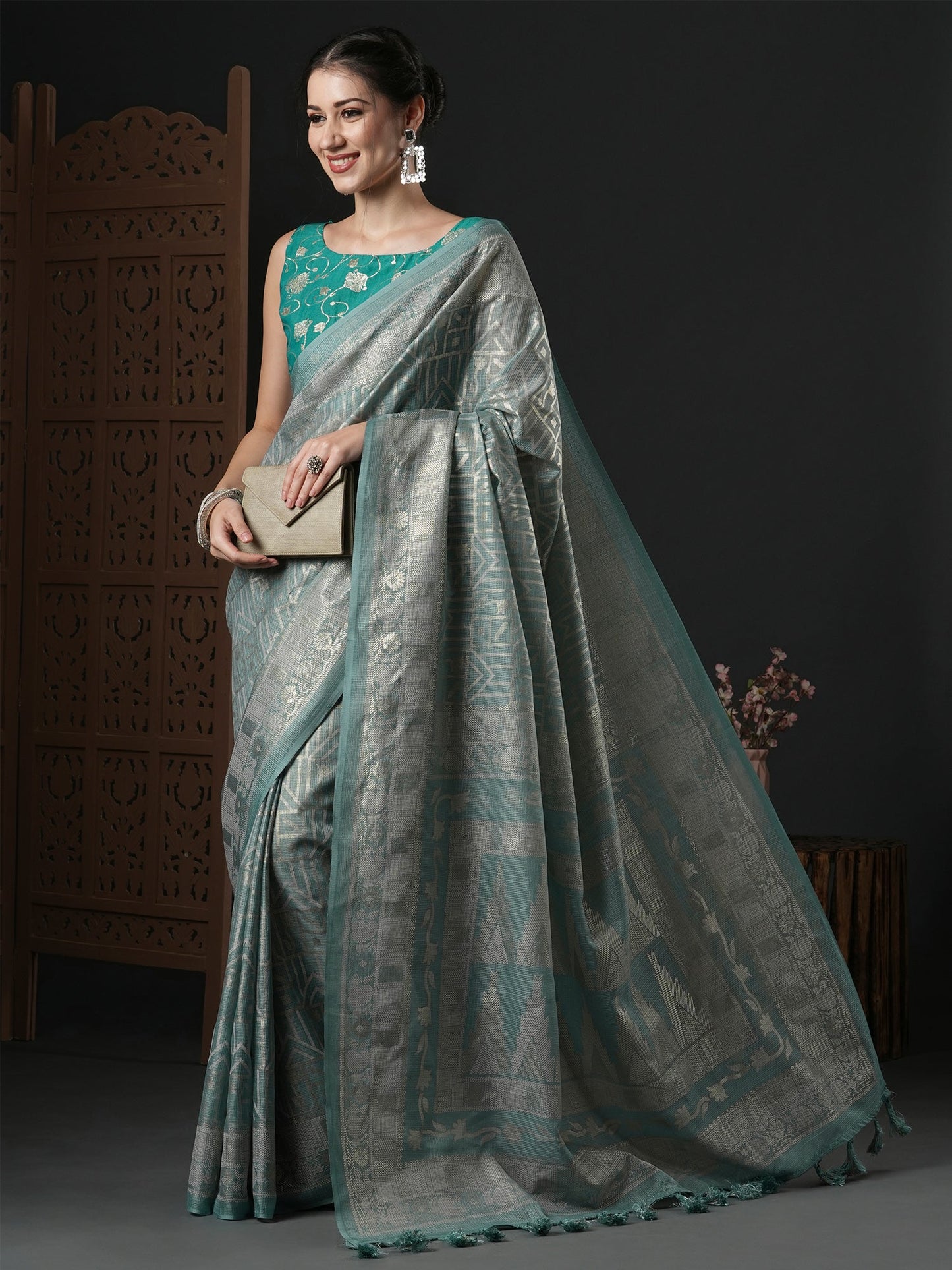 Women's Kota Doria Cotton Grey Printed Designer Saree With Blouse Piece