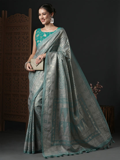 Women's Kota Doria Cotton Grey Printed Designer Saree With Blouse Piece