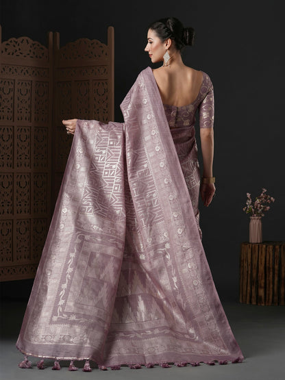 Women's Kota Doria Cotton Mauve Printed Designer Saree With Blouse Piece