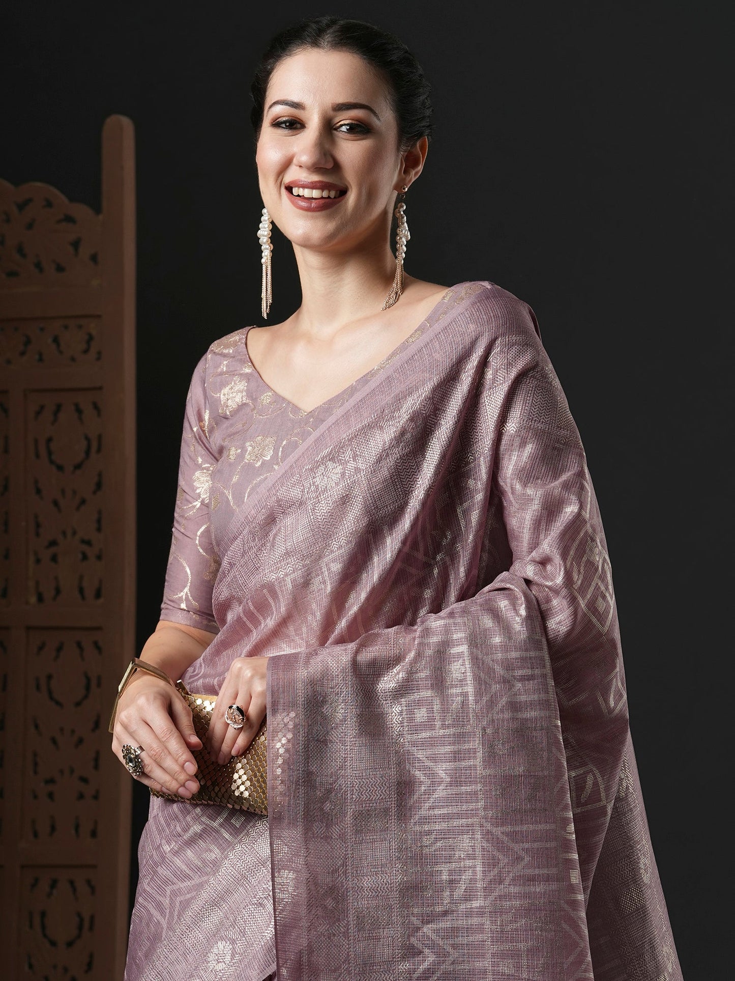 Women's Kota Doria Cotton Mauve Printed Designer Saree With Blouse Piece