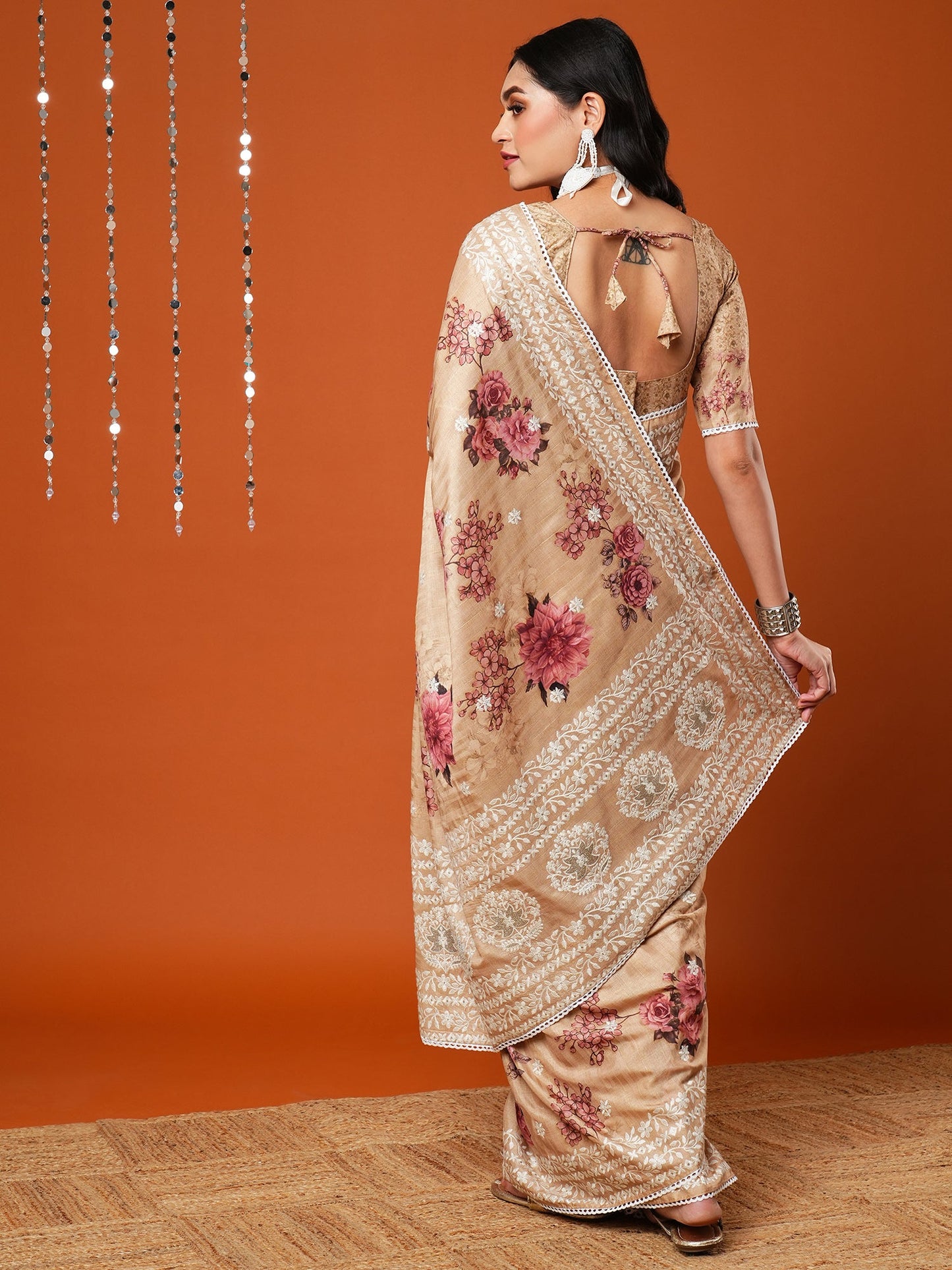 Women's Dola Silk Cream Embroidered Designer Saree With Blouse Piece