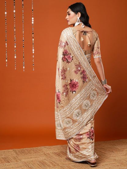 Women's Dola Silk Cream Embroidered Designer Saree With Blouse Piece
