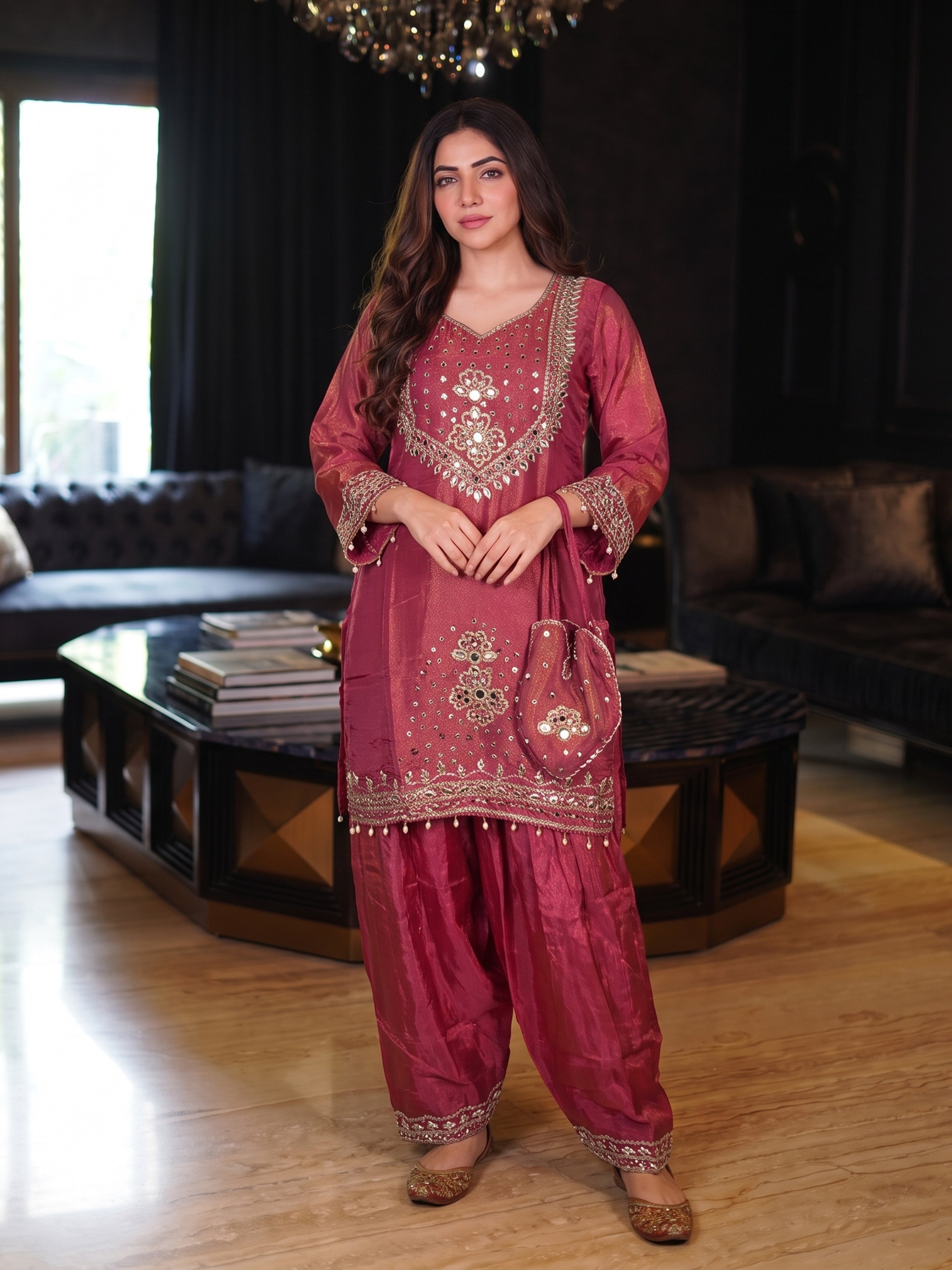 Sushi Blush Full Work Farshi Set With Potli