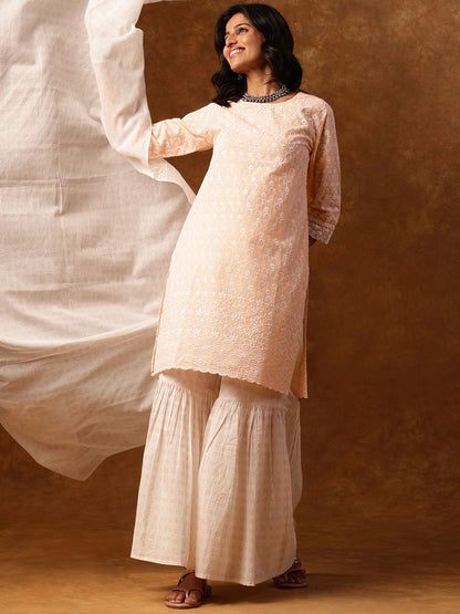 Dhiyona AN Women Embroidered Regular Sequinned Kurta with Sharara & With Dupatta