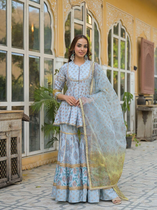 Dhiyona KL Women Blue Viscose Rayon Kurti With Sharara & Dupatta