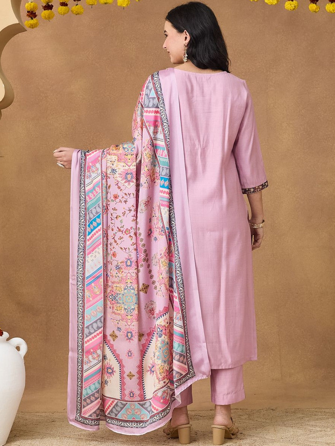 Embroidered Round Neck Kurta & Trousers With Dupatta