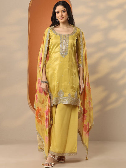 Dhiyona LL Floral Embroidered Thread Work Kurta with Palazzos & With Dupatta