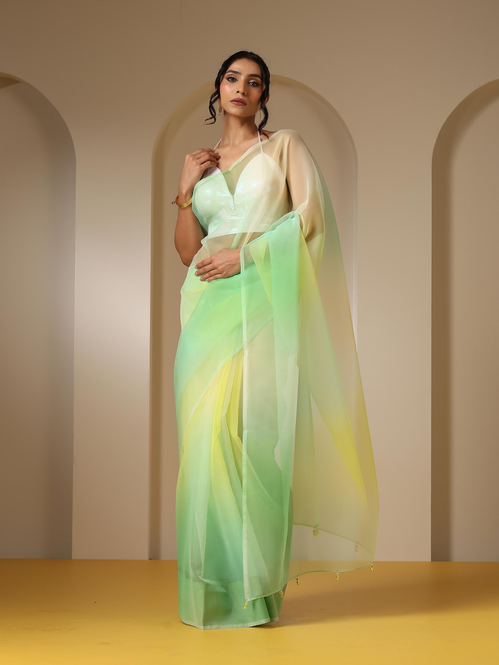Dhiyona ST Tulip Yellow Green Organza Ombre Printed Saree