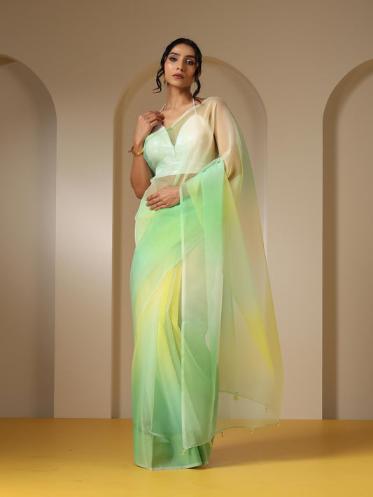 Dhiyona ST Tulip Yellow Green Organza Ombre Printed Saree