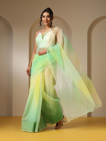 Dhiyona ST Tulip Yellow Green Organza Ombre Printed Saree