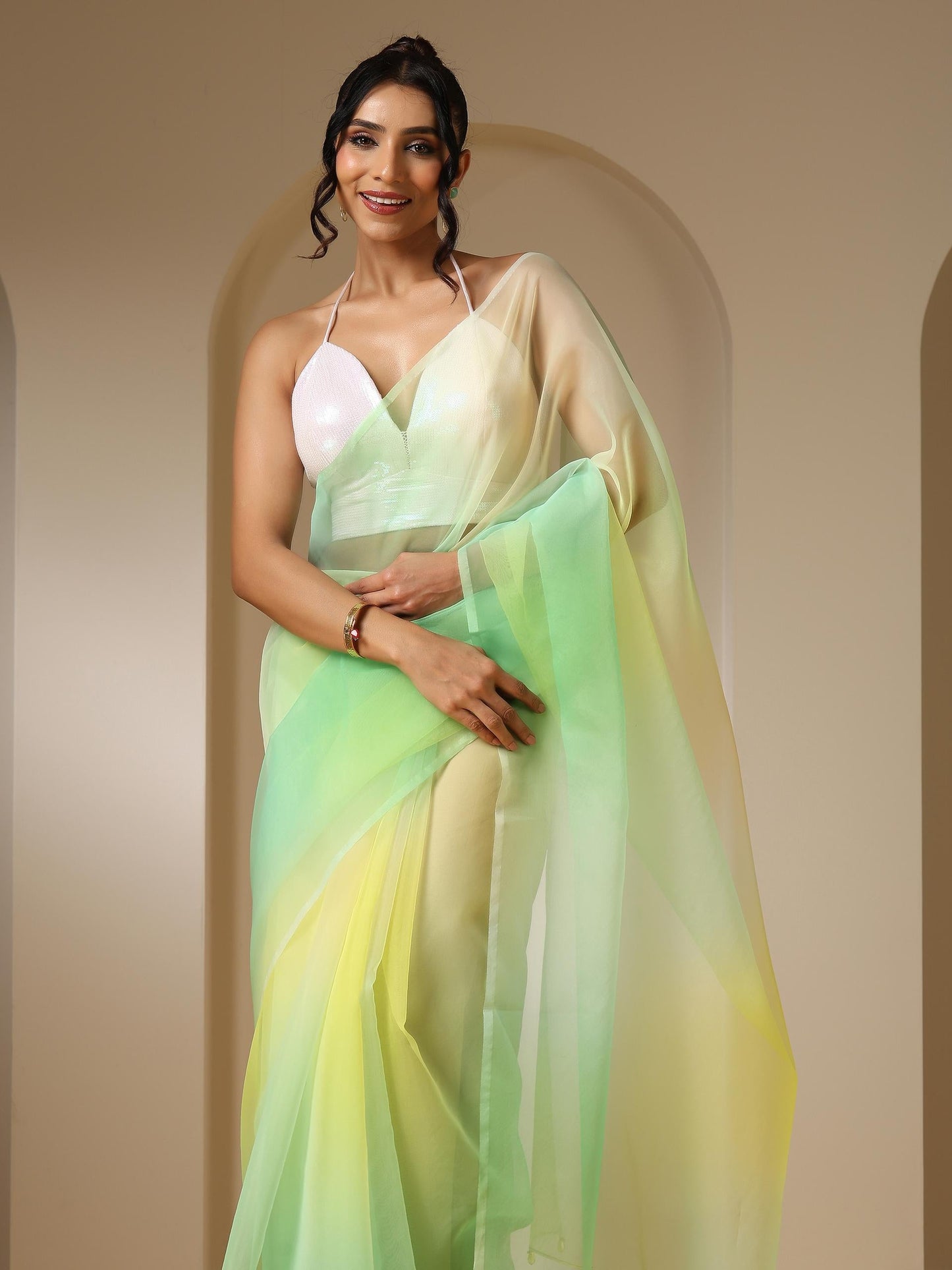 Dhiyona ST Tulip Yellow Green Organza Ombre Printed Saree