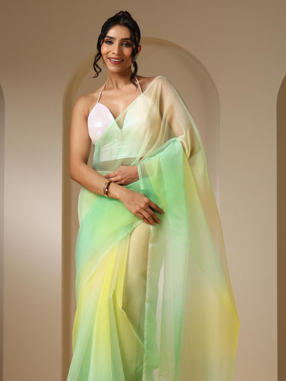 Dhiyona ST Tulip Yellow Green Organza Ombre Printed Saree