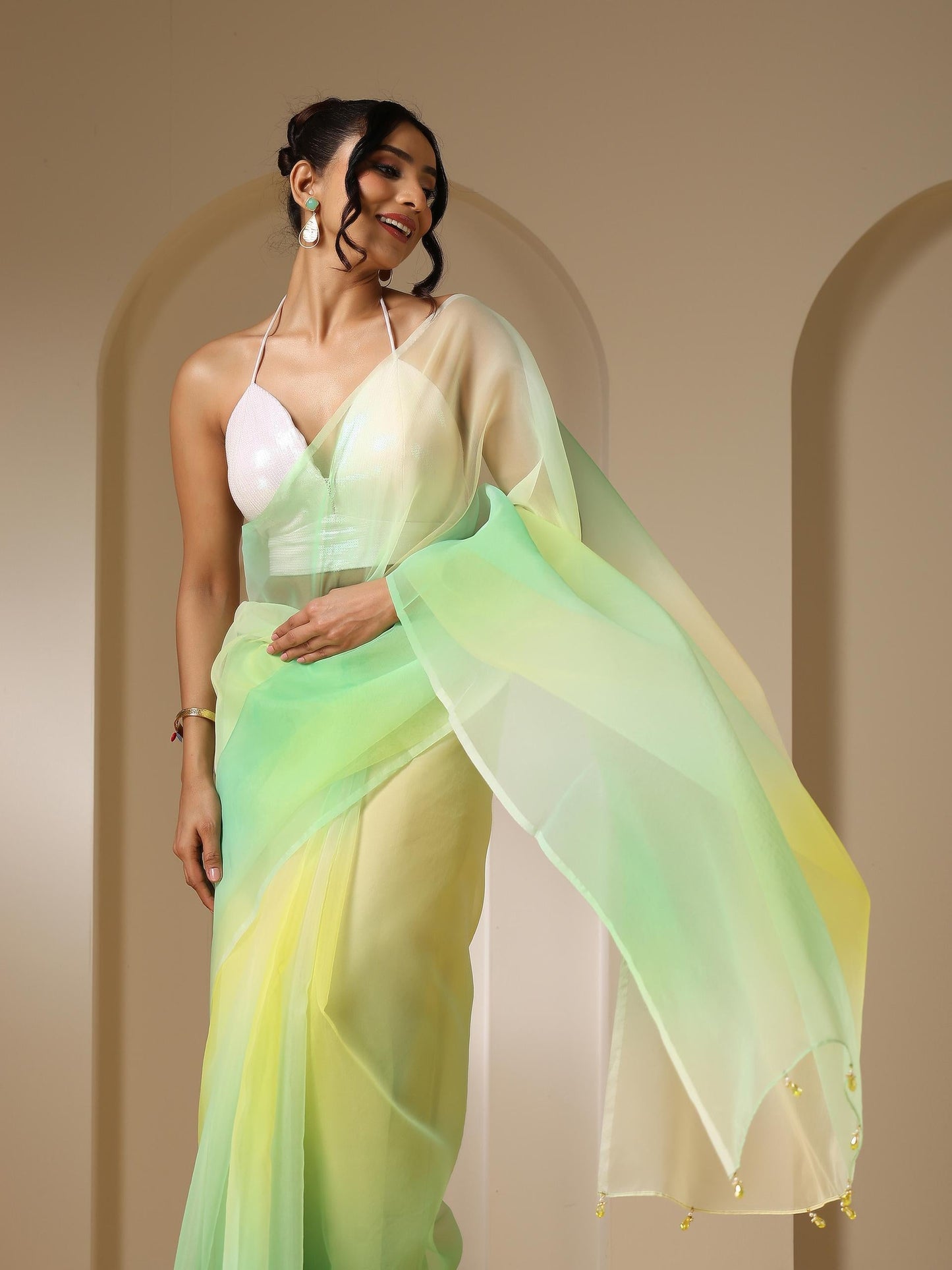 Dhiyona ST Tulip Yellow Green Organza Ombre Printed Saree