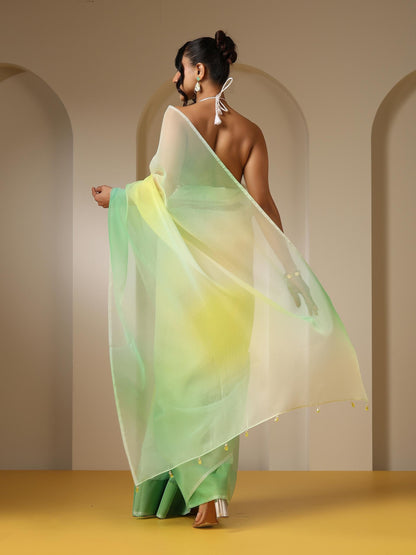 Dhiyona ST Tulip Yellow Green Organza Ombre Printed Saree