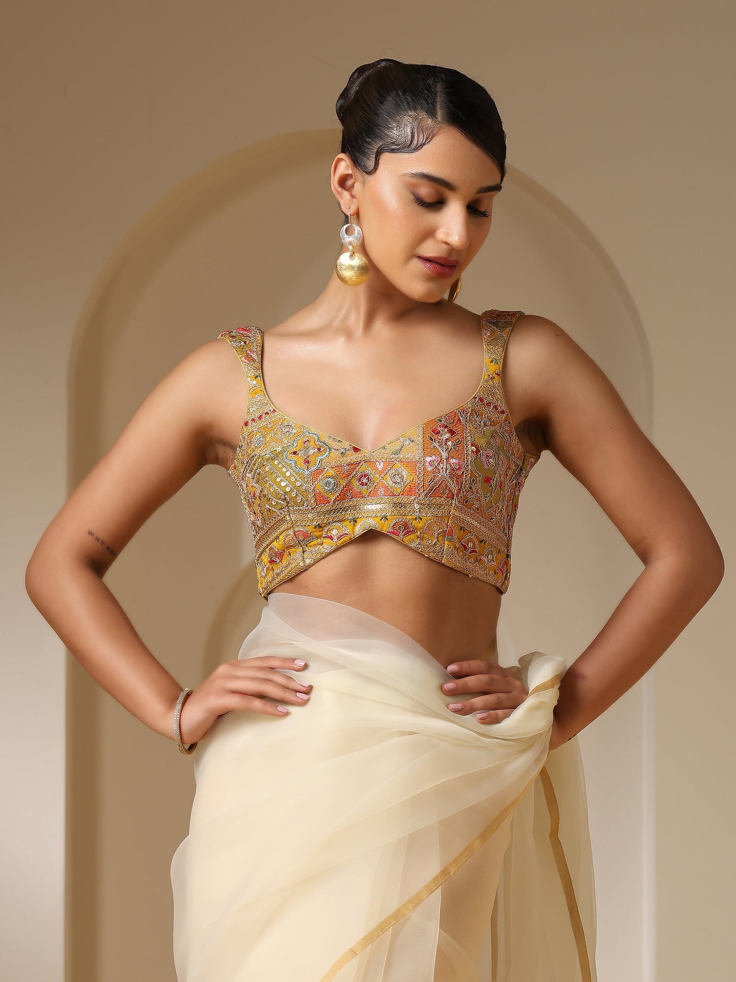 Dhiyona ST Embroidered Yellow and Green Blouse with Pendant Tie