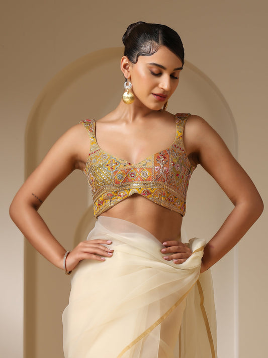 Dhiyona ST Embroidered Yellow and Green Blouse with Pendant Tie
