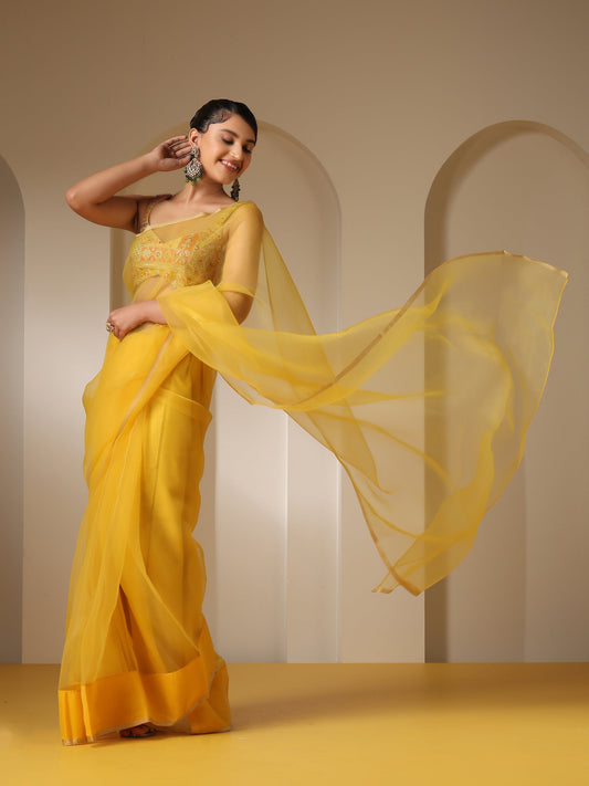 Dhiyona ST Yellow Organza Cloud Saree with Blouse Fabric