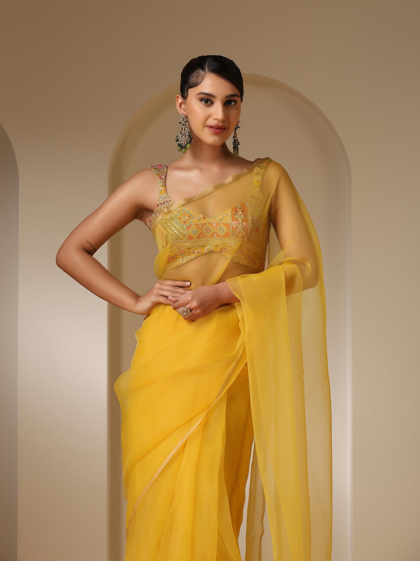 Dhiyona ST Embroidered Yellow and Green Blouse with Pendant Tie