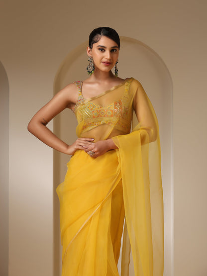 Dhiyona ST Embroidered Yellow and Green Blouse with Pendant Tie