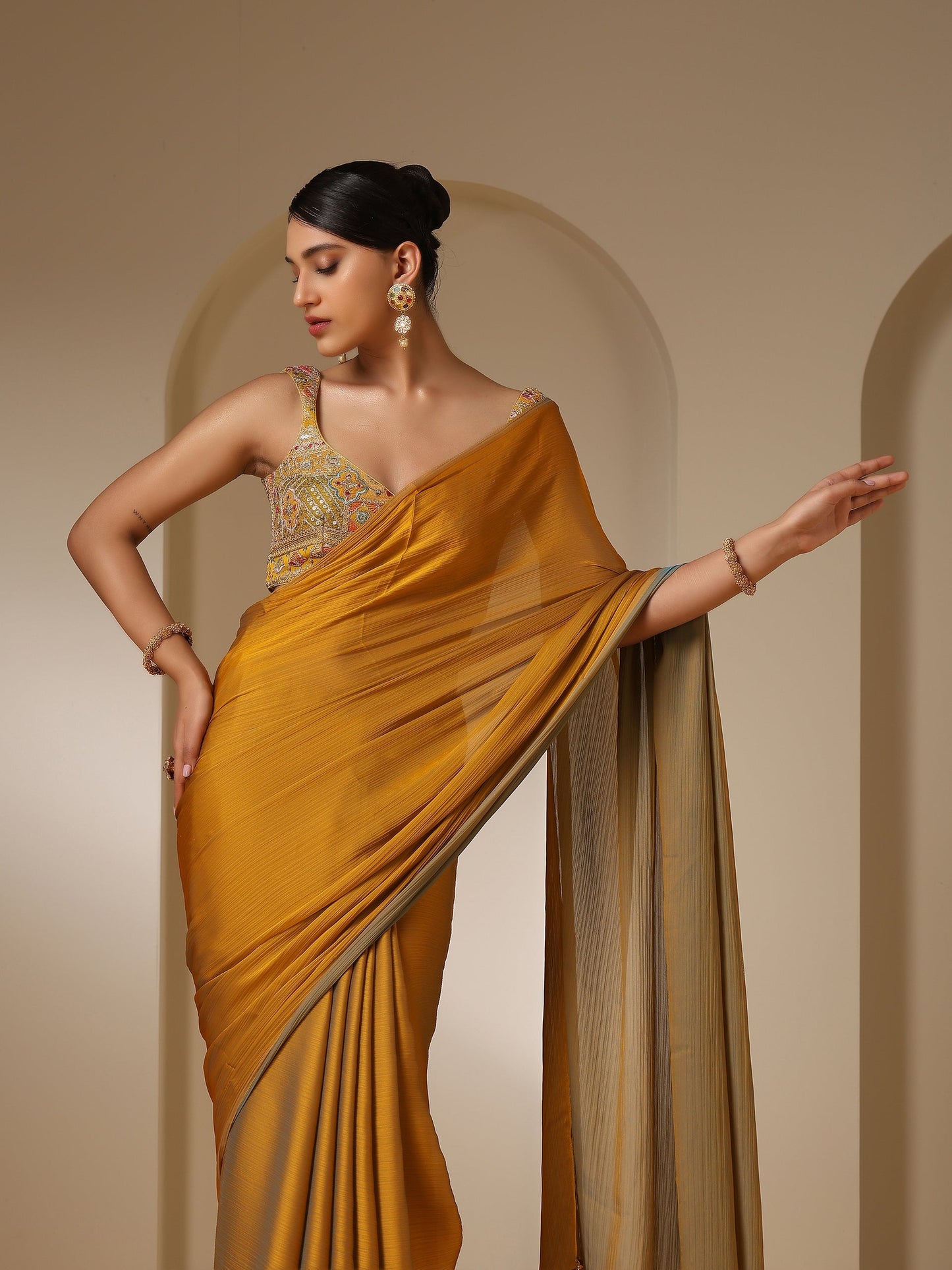 Dhiyona ST Embroidered Yellow and Green Blouse with Pendant Tie
