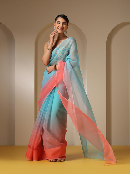 Dhiyona ST Tropical Pink and Blue Organza Ombre Saree